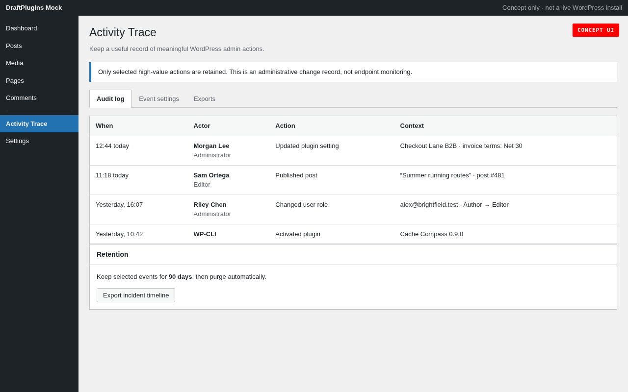 Activity Trace — concept preview of the proposed WordPress plugin