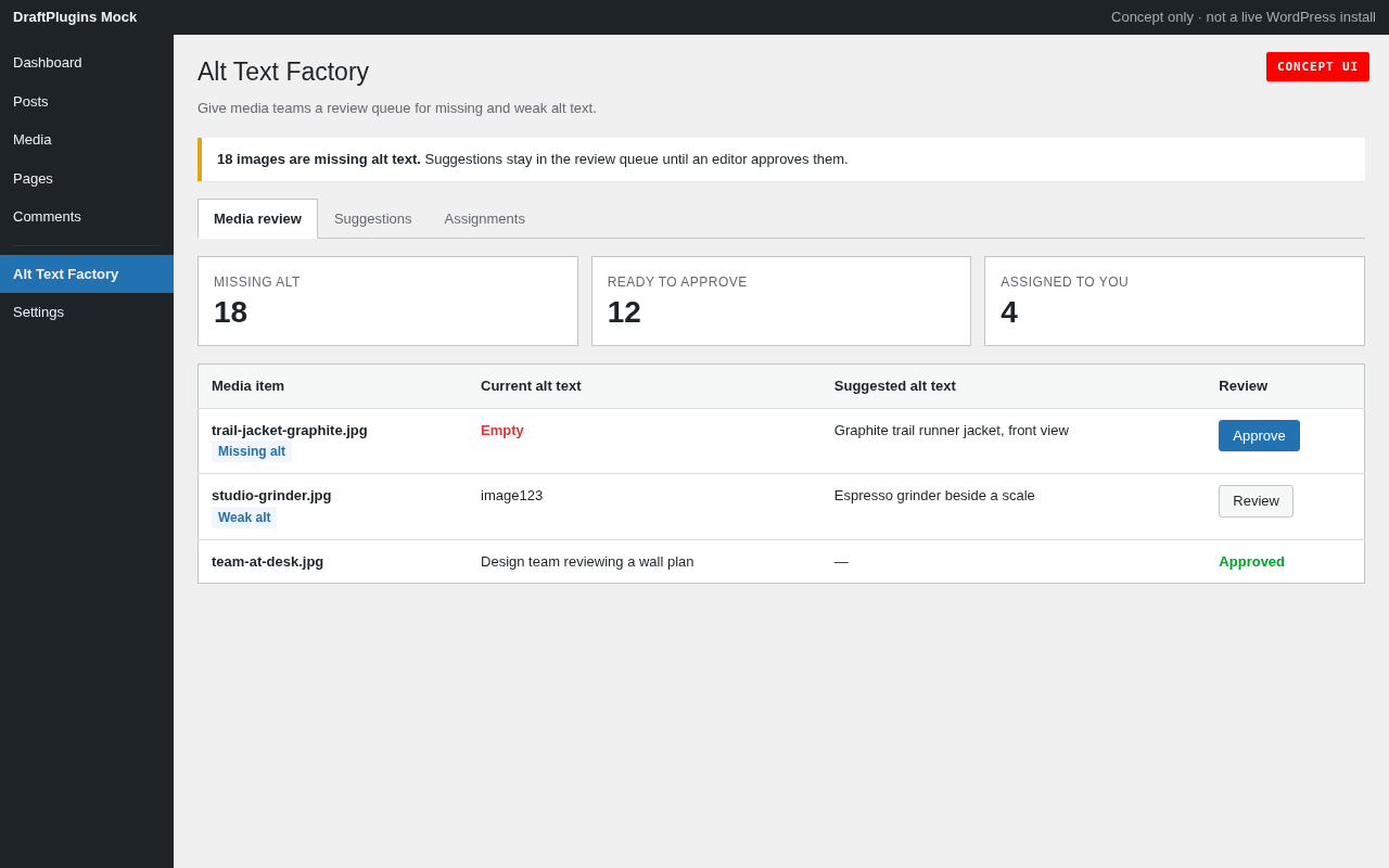Alt Text Factory — concept preview of the proposed WordPress plugin