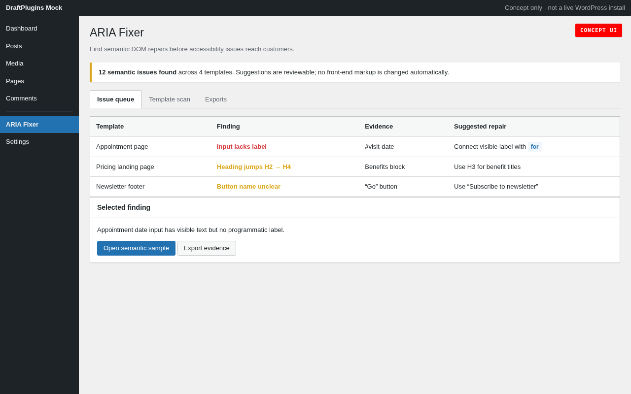 ARIA Fixer — concept preview of the proposed WordPress plugin