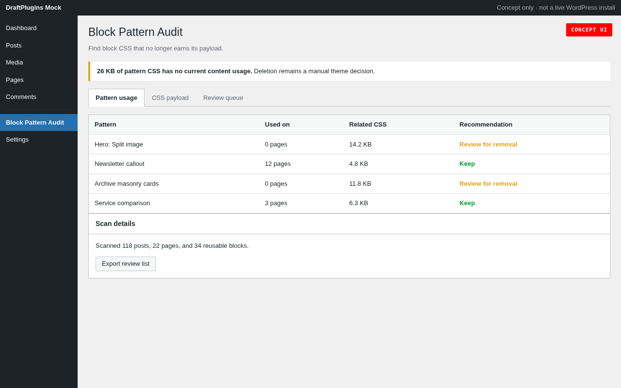 Block Pattern Audit — concept preview of the proposed WordPress plugin