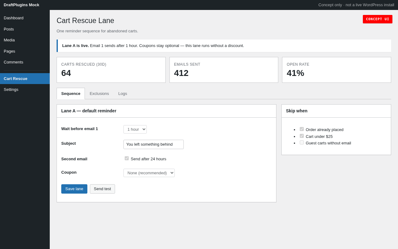 Cart Rescue Lane — concept preview of the proposed WordPress plugin