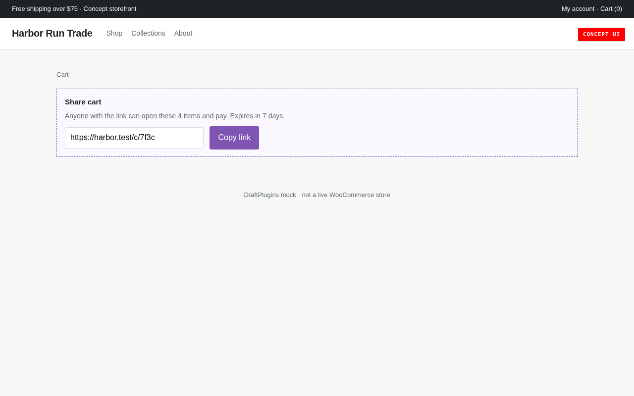 Cart Share Link — anteprima concept del plugin WordPress proposto
