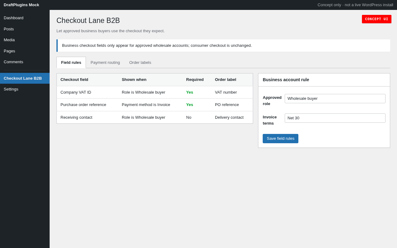 Checkout Lane B2B — concept preview of the proposed WordPress plugin