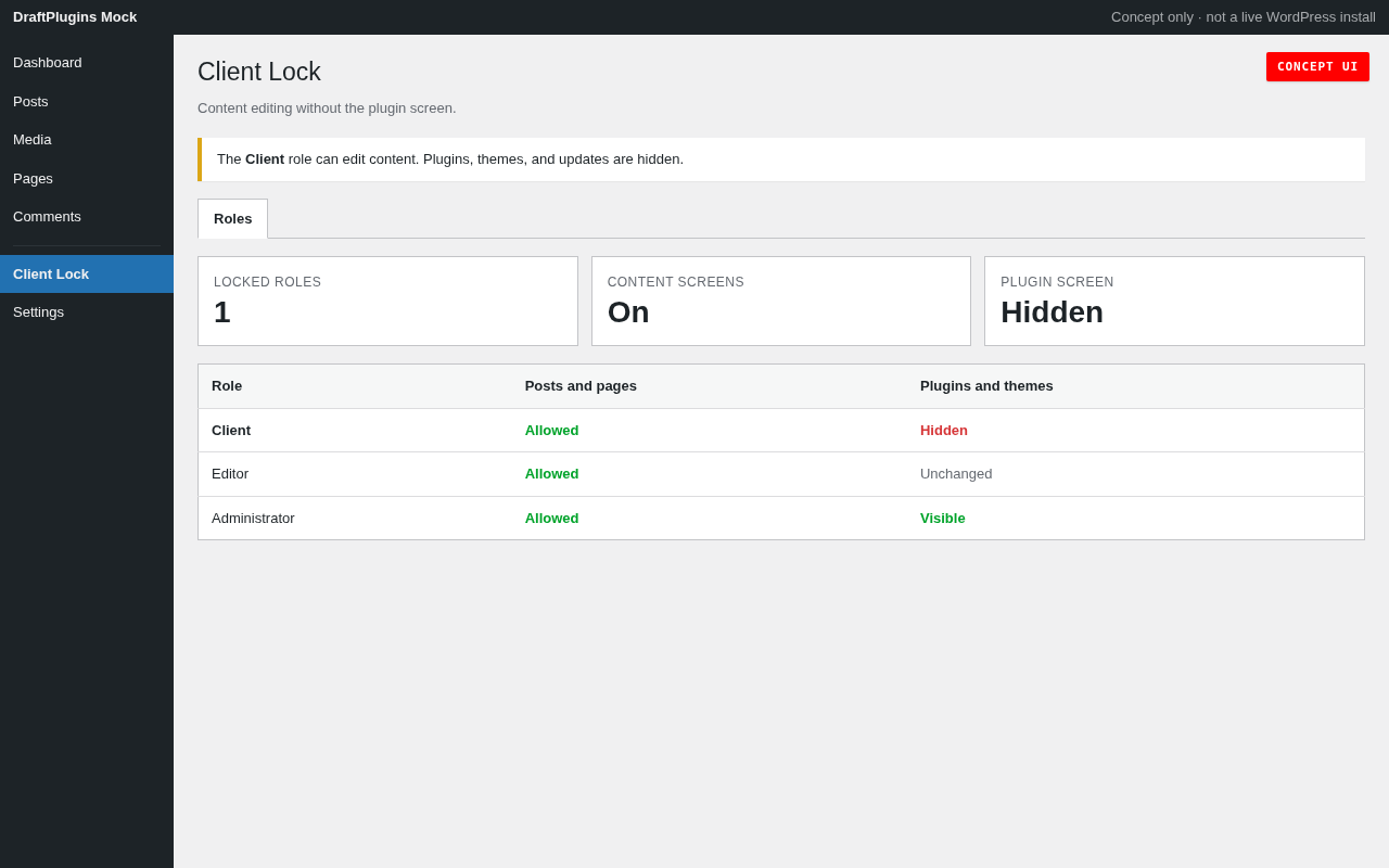 Client Lock — concept preview of the proposed WordPress plugin
