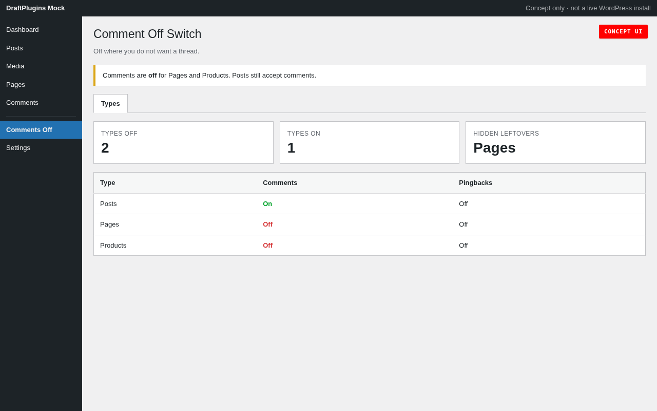 Comment Off Switch — podgląd koncepcji proponowanego wtyczka WordPress