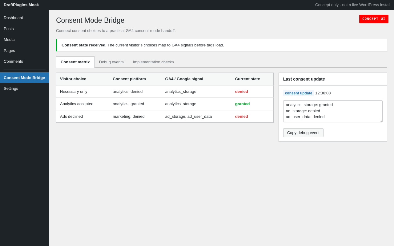 Consent Mode Bridge — concept preview of the proposed WordPress plugin