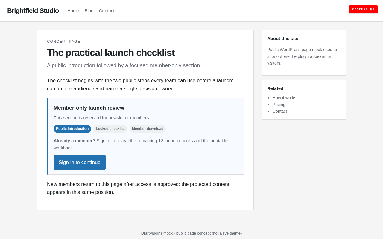 Content Gate Lite member page — concept UI