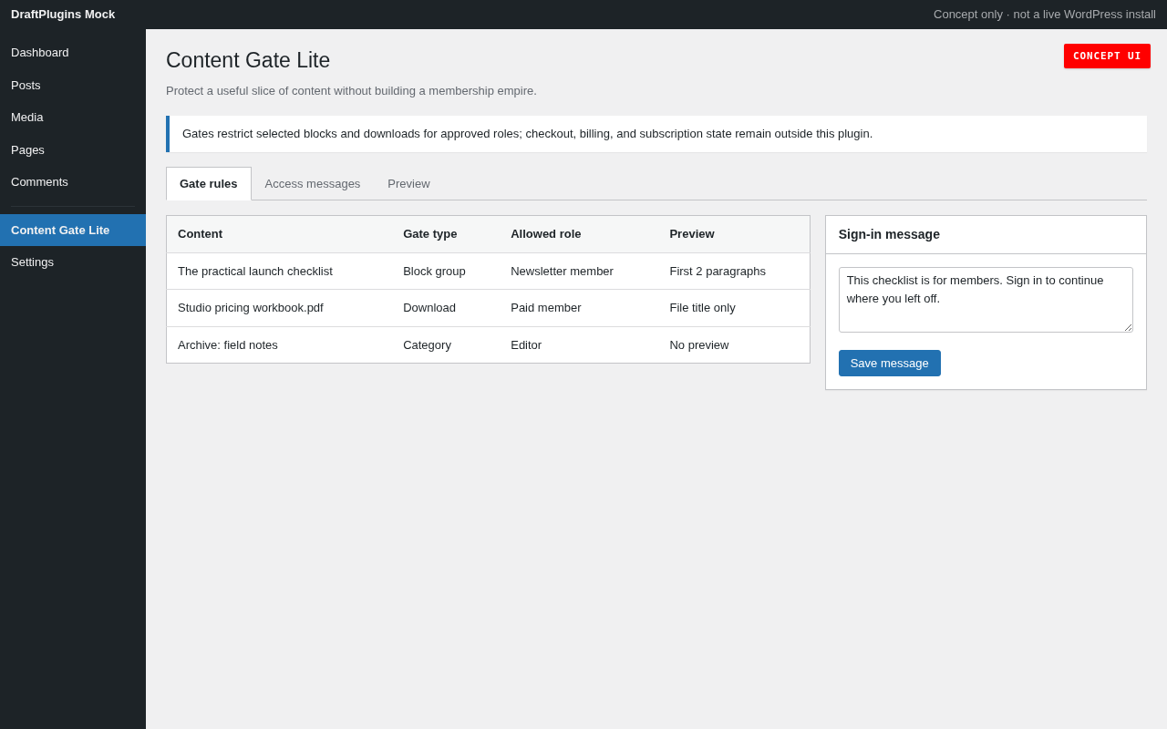 Content Gate Lite — concept preview of the proposed WordPress plugin