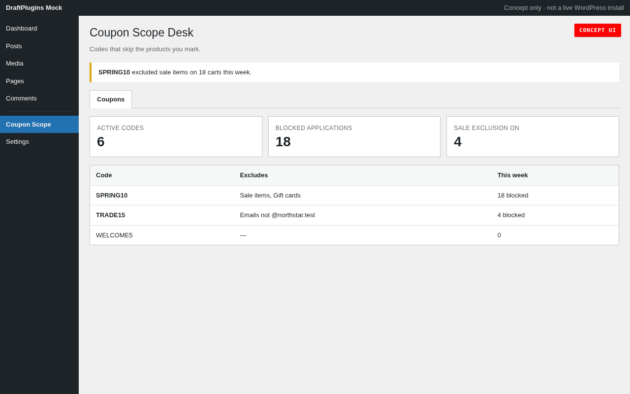 Coupon Scope Desk — anteprima concept del plugin WordPress proposto