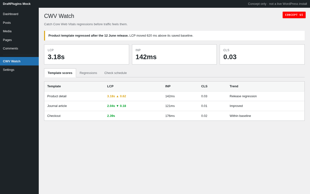 CWV Watch — concept preview of the proposed WordPress plugin