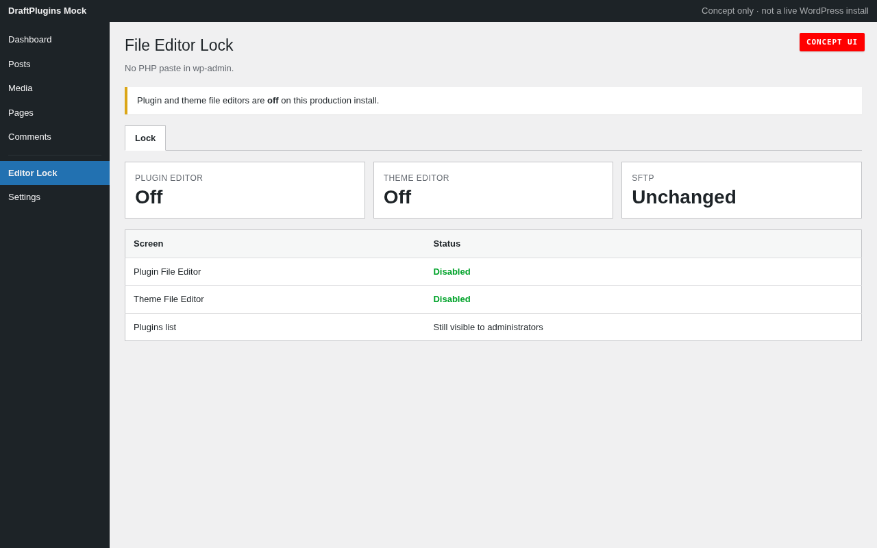 File Editor Lock — vista conceptual del plugin de WordPress propuesto