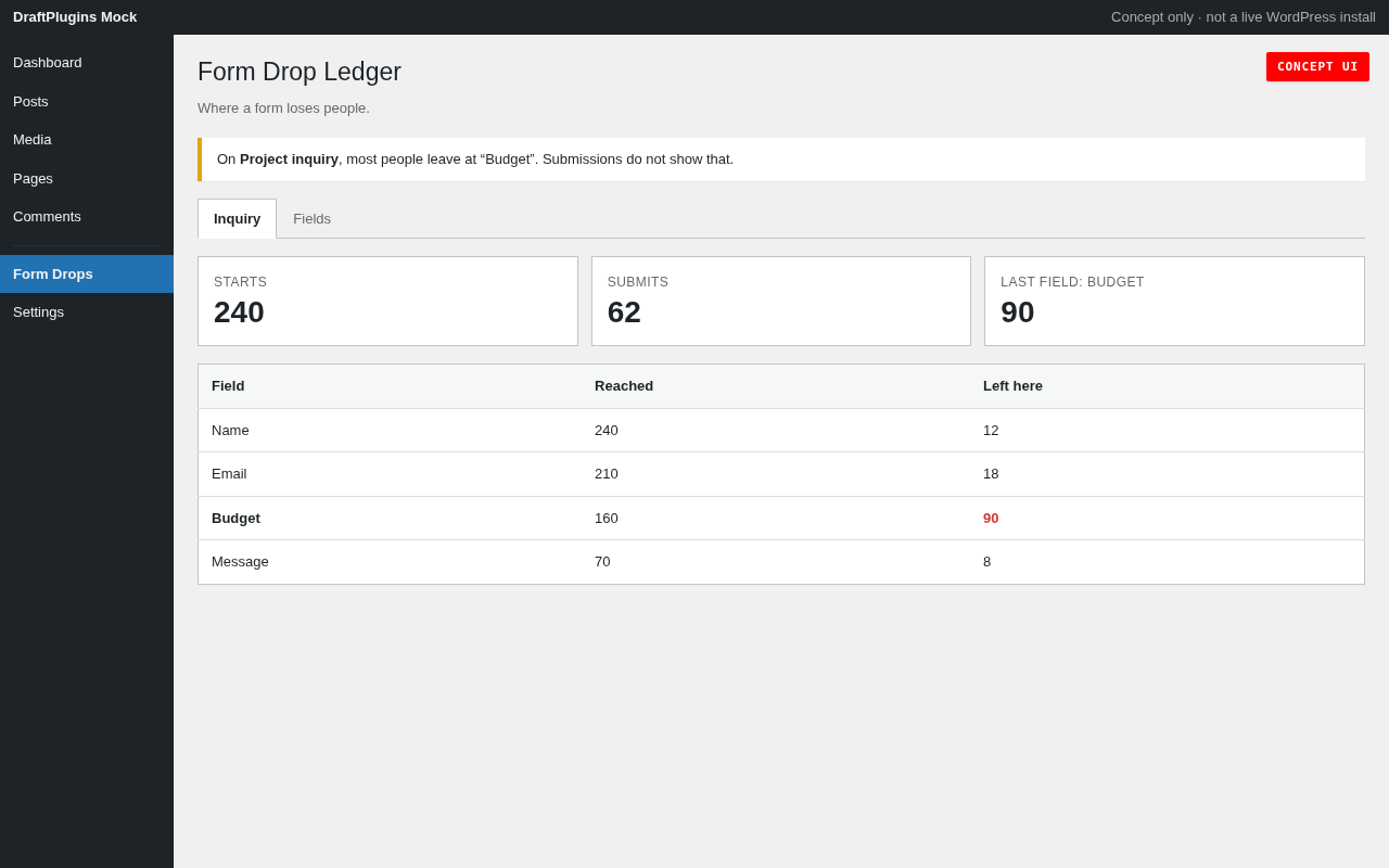 Form Drop Ledger — aperçu conceptuel du plugin WordPress proposé