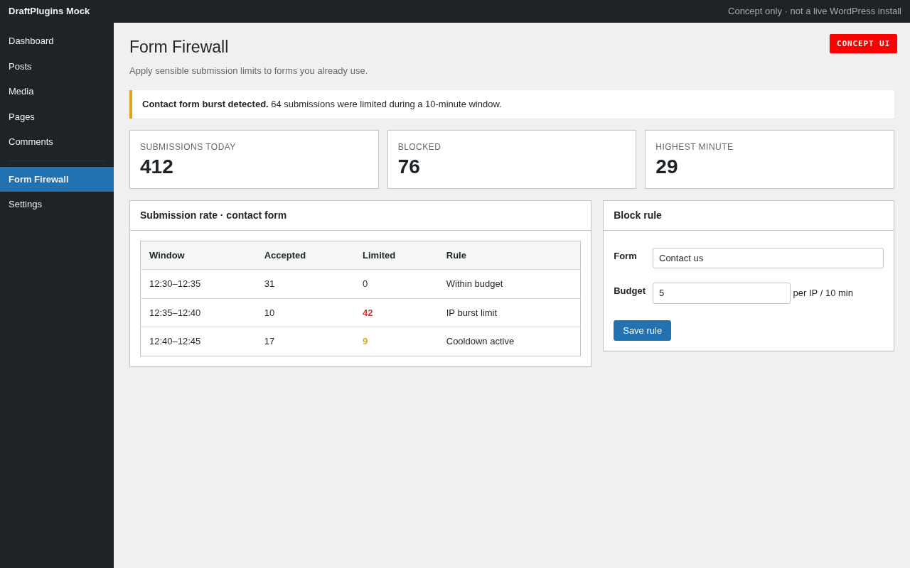 Form Firewall — concept preview of the proposed WordPress plugin