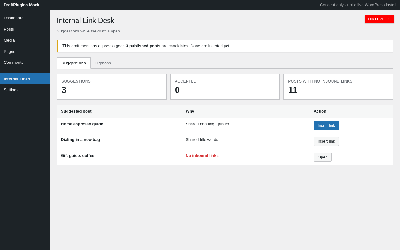 Internal Link Desk — vista conceptual del plugin de WordPress propuesto