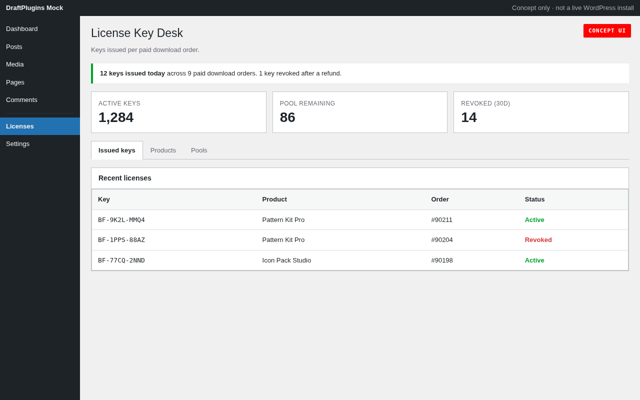 License Key Desk — concept preview of the proposed WordPress plugin