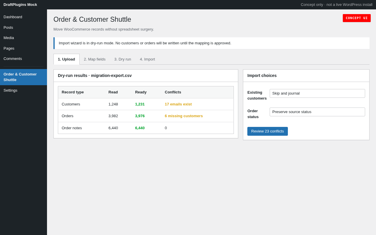 Order & Customer Shuttle — concept preview of the proposed WordPress plugin