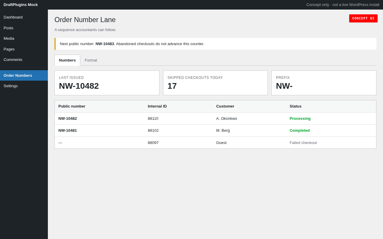 Order Number Lane — concept preview of the proposed WordPress plugin