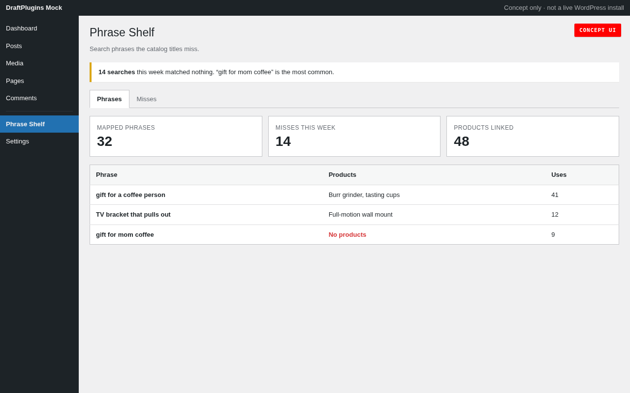 Phrase Shelf — vista conceptual del plugin de WordPress propuesto
