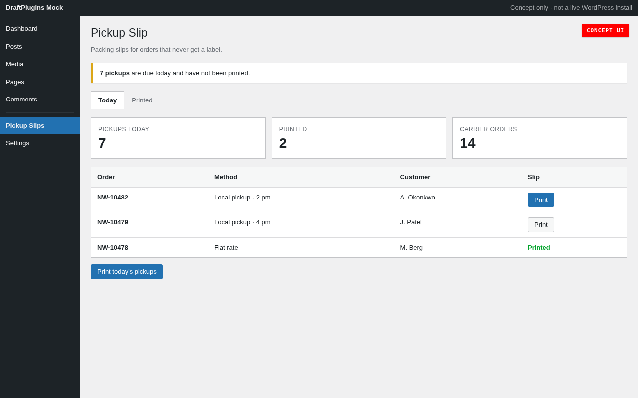 Pickup Slip — concept preview of the proposed WordPress plugin