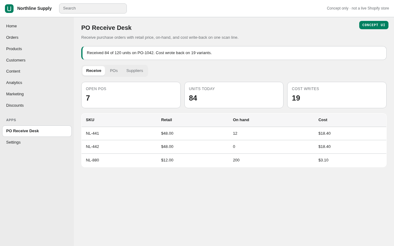 PO Receive Desk — Konzeptvorschau des vorgeschlagenen Shopify-App
