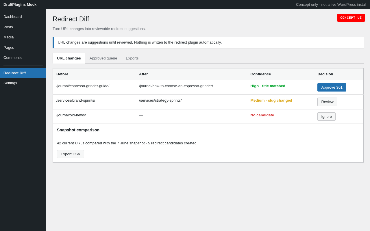 Redirect Diff — concept preview of the proposed WordPress plugin