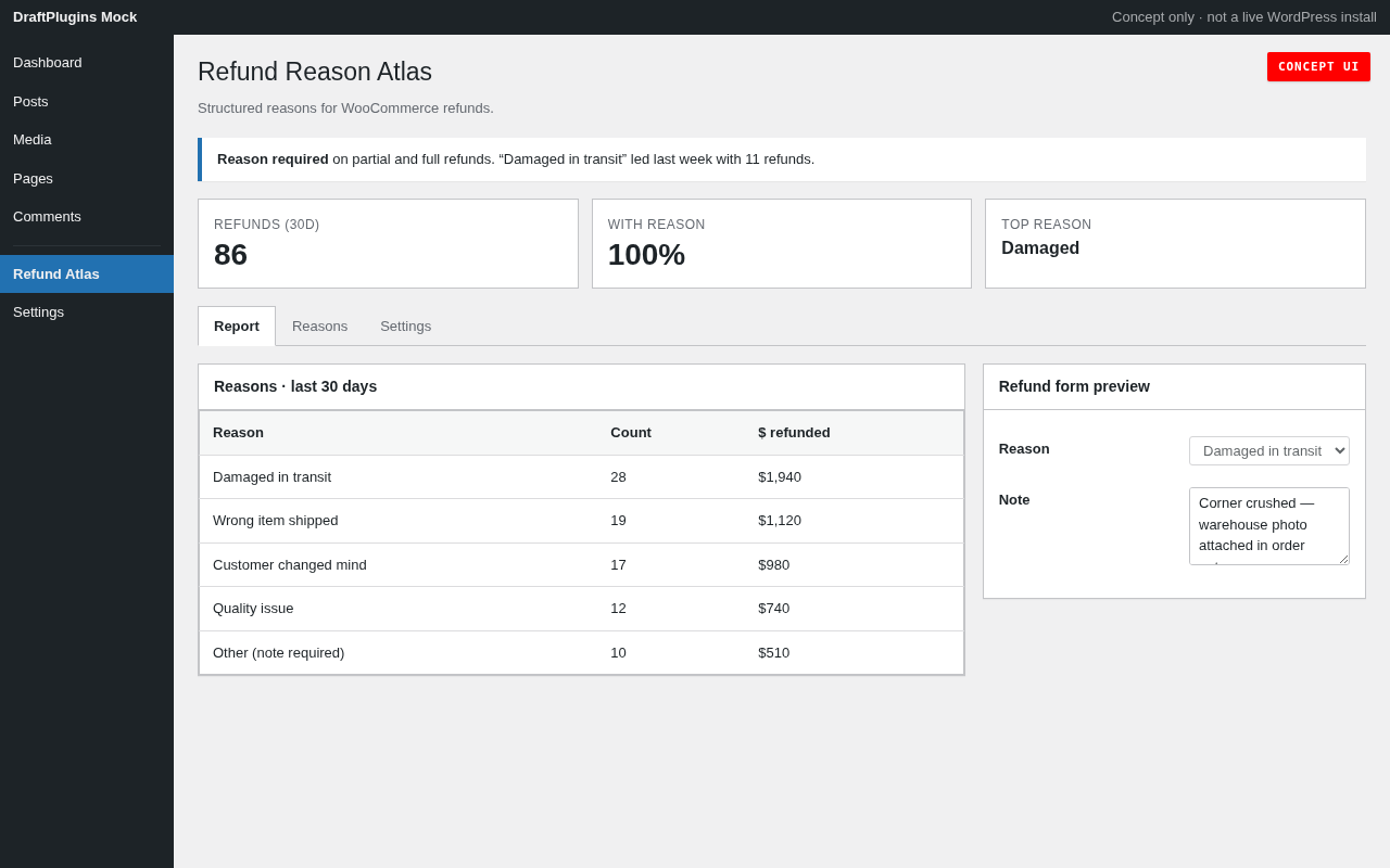 Refund Reason Atlas — concept preview of the proposed WordPress plugin