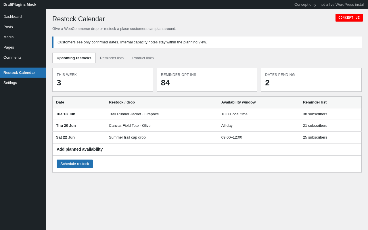 Restock Calendar — concept preview of the proposed WordPress plugin
