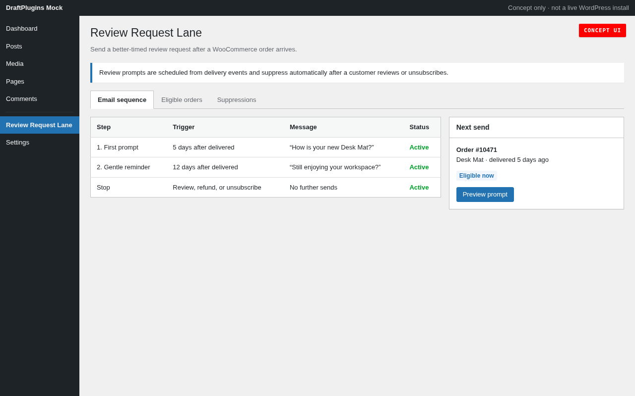 Review Request Lane — concept preview of the proposed WordPress plugin