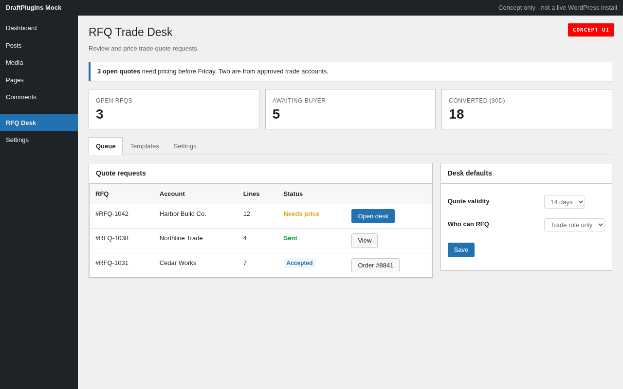 RFQ Trade Desk — concept preview of the proposed WordPress plugin