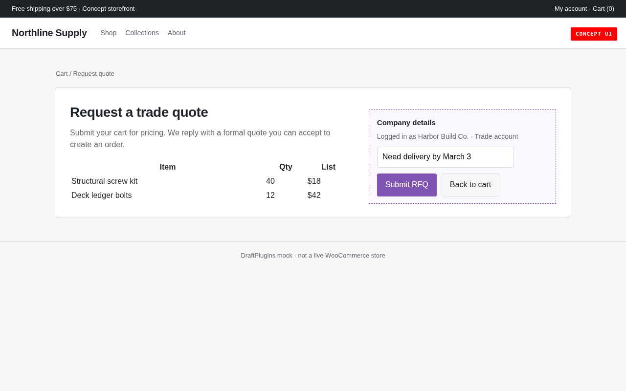 Request a quote — concept UI