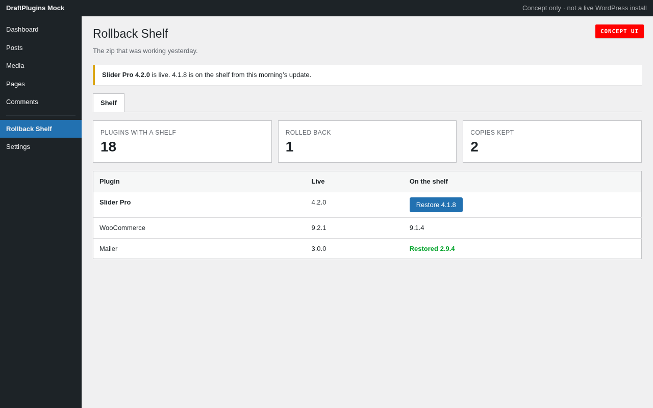 Rollback Shelf — vista conceptual del plugin de WordPress propuesto