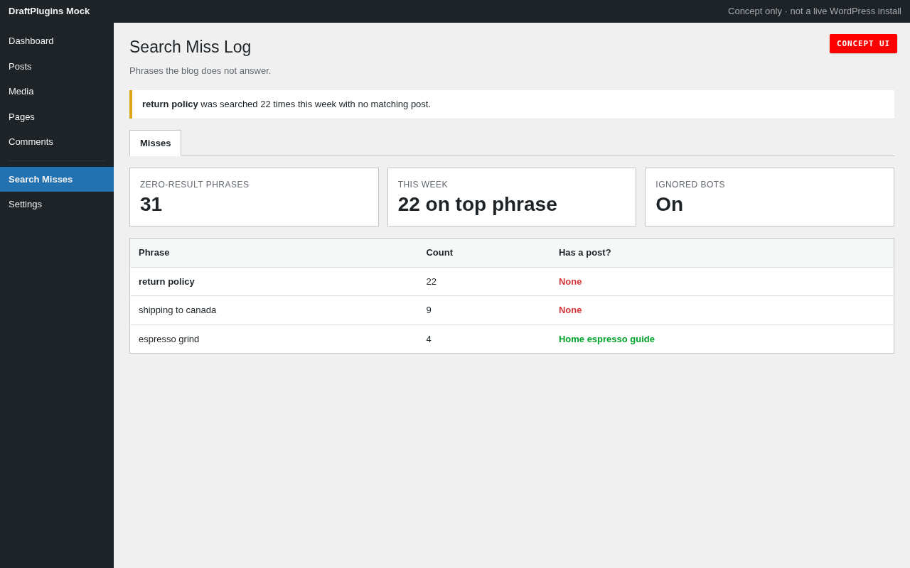 Search Miss Log — Konzeptvorschau des vorgeschlagenen WordPress-Plugin