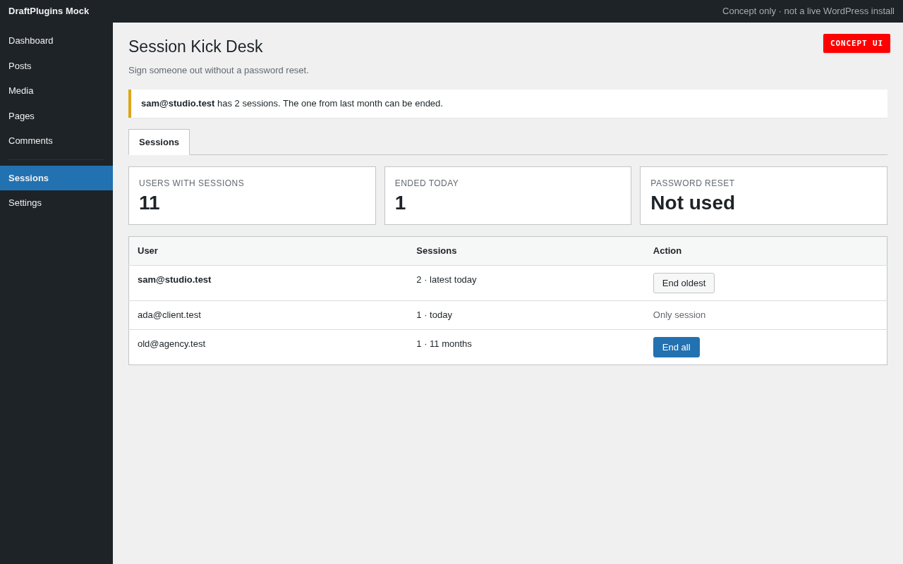 Session Kick Desk — concept preview of the proposed WordPress plugin