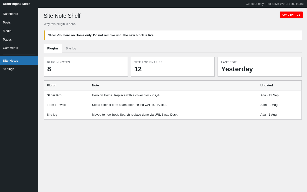 Site Note Shelf — concept preview of the proposed WordPress plugin