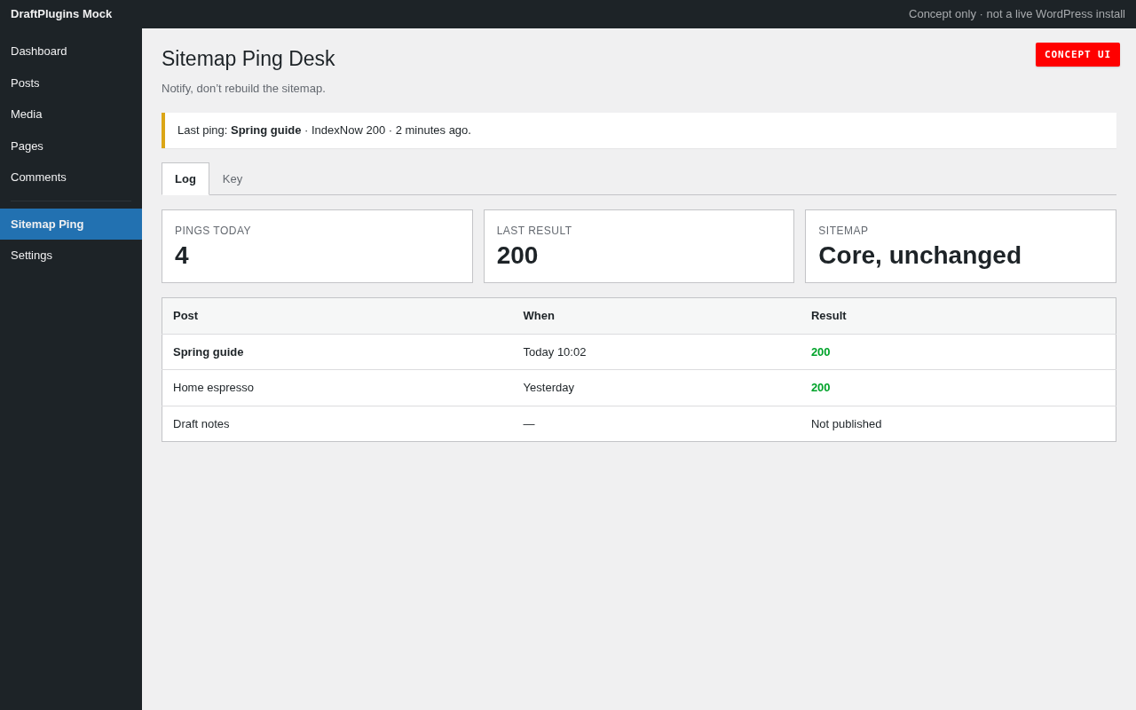 Sitemap Ping Desk — Konzeptvorschau des vorgeschlagenen WordPress-Plugin