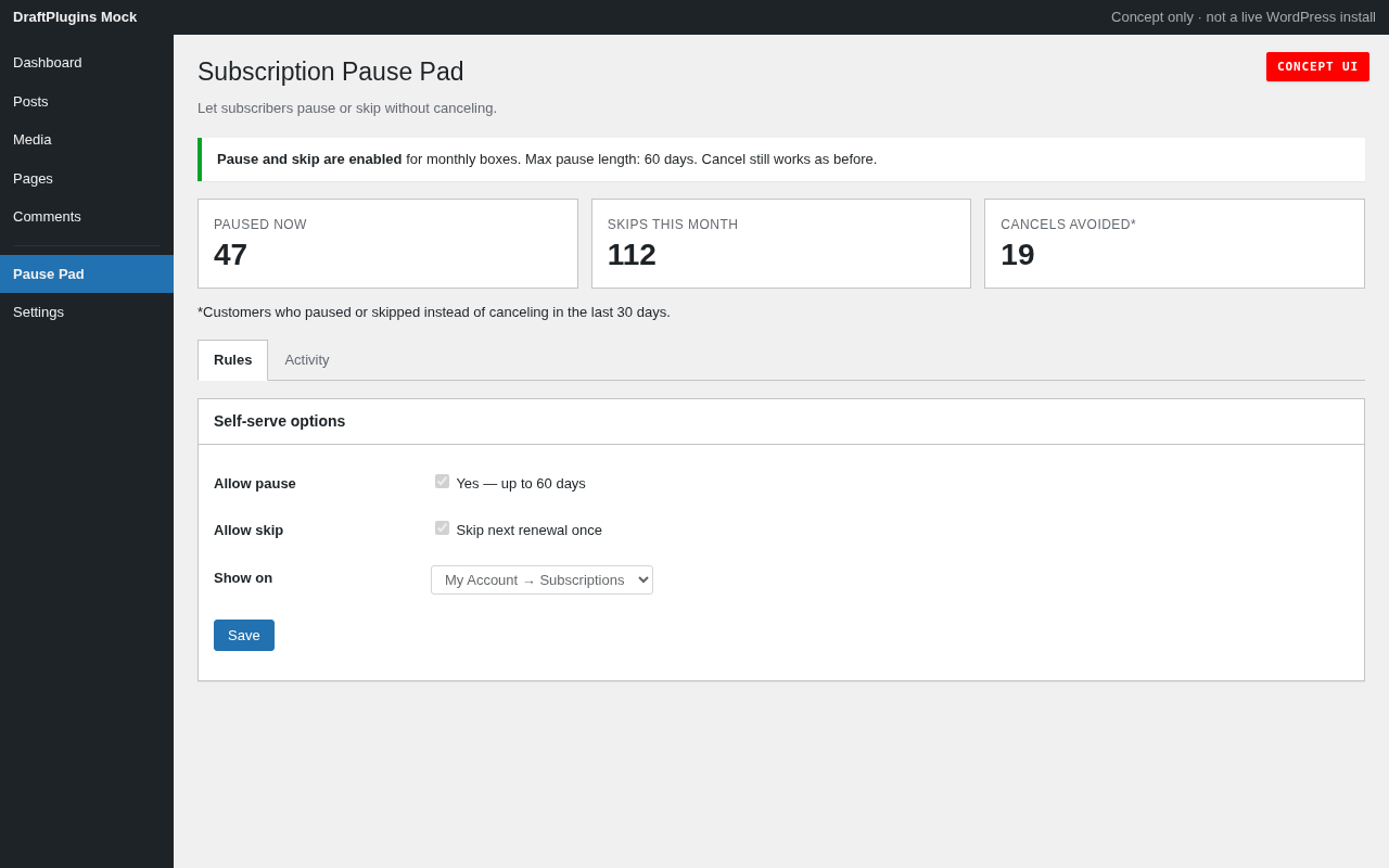 Subscription Pause Pad — concept preview of the proposed WordPress plugin