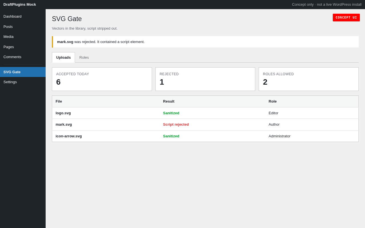 SVG Gate — aperçu conceptuel du plugin WordPress proposé
