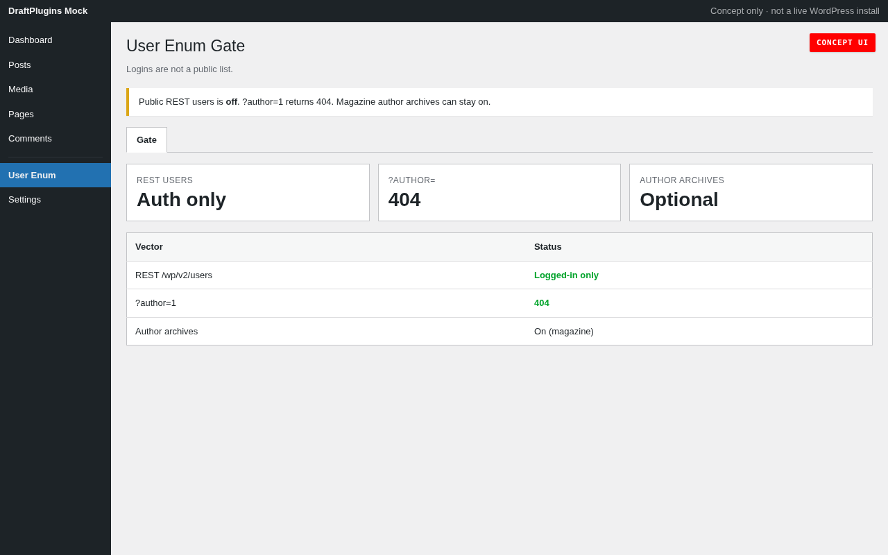 User Enum Gate — podgląd koncepcji proponowanego wtyczka WordPress