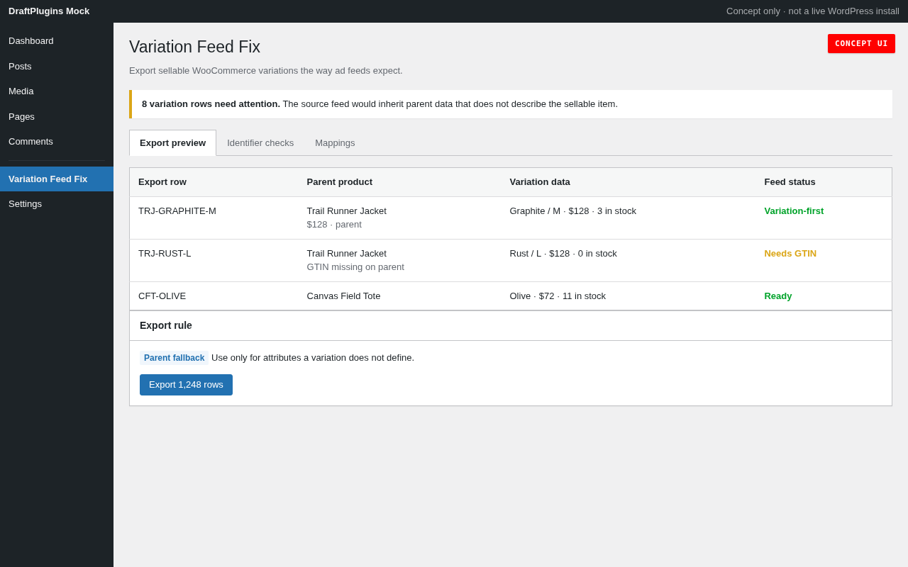 Variation Feed Fix — concept preview of the proposed WordPress plugin